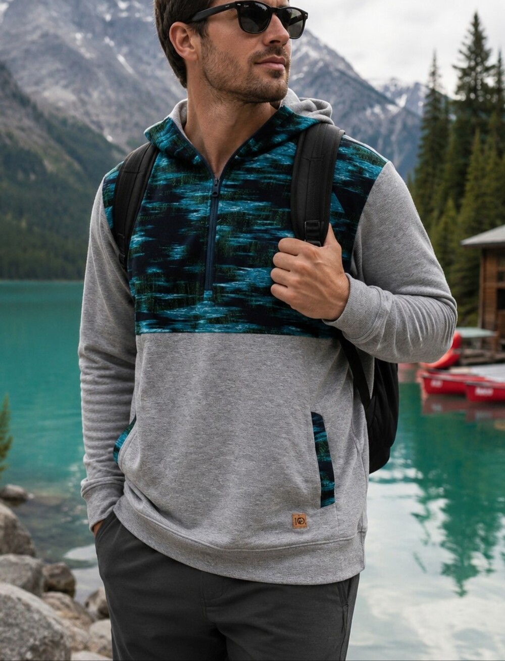 tentree Gray Pullover Hoodie Men's Medium Organic Cotton Abstract Print Half Zip